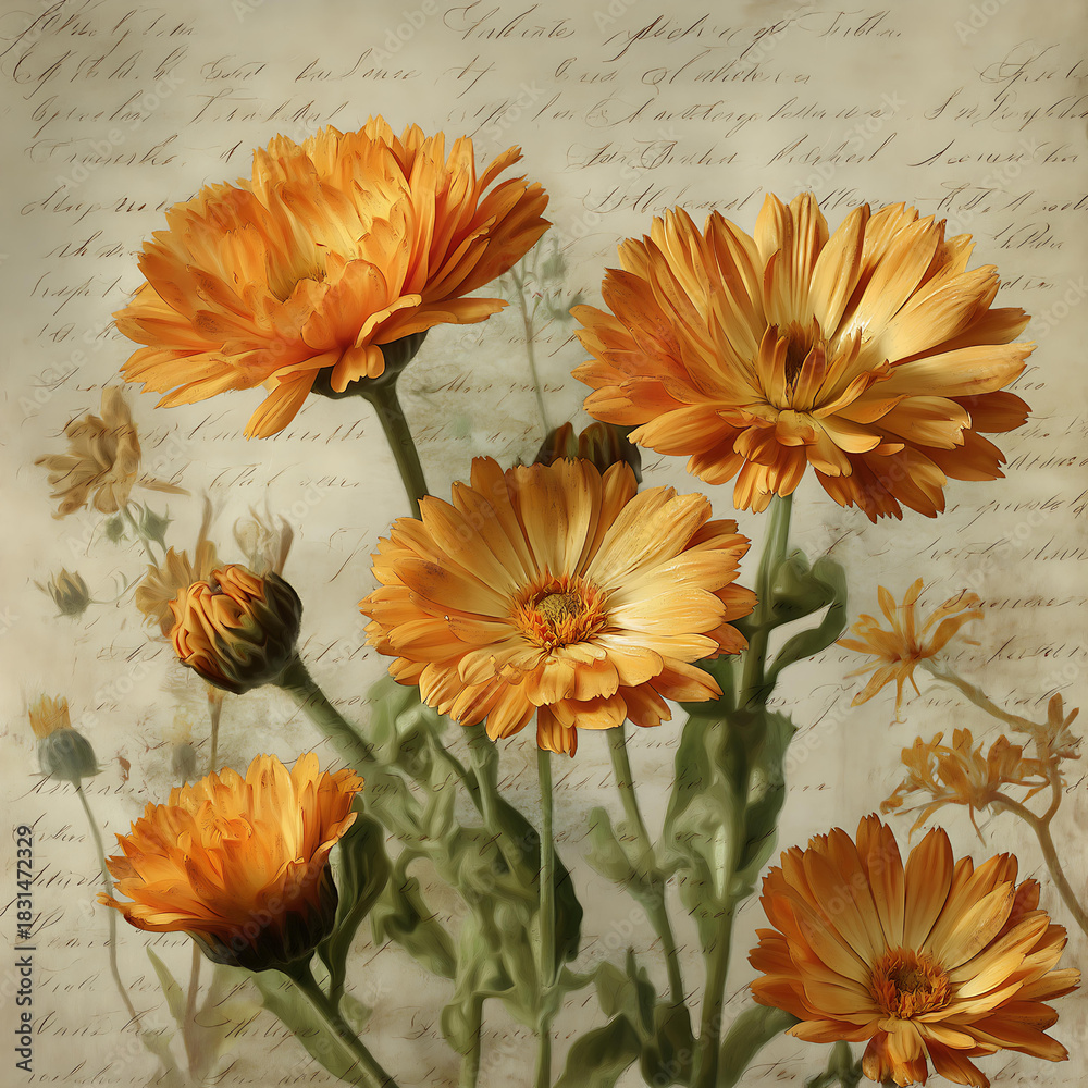 Fototapeta premium Vintage Botanical Flowers: Yellow and Orange Petals in a Textured, Artistic Still Life Background for Nature-Inspired Home Decor and Creative Designs