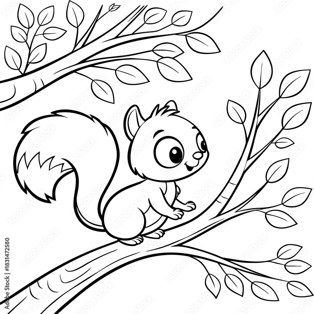 Obraz premium Adorable black and white line art illustration of a cheerful squirrel sitting on a tree branch. Perfect for children's coloring books and activities.