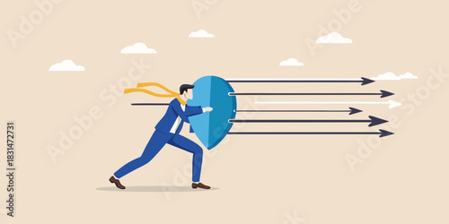 Businessman defends against incoming arrows with a shield