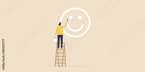 Person painting a large smiley face on a wall with a ladder