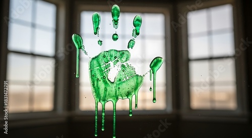 Ectoplasmic Residue Macro detail shot on a home's bay window, showing a slimy, glowing green ectoplasmic handprint smeared across the glass