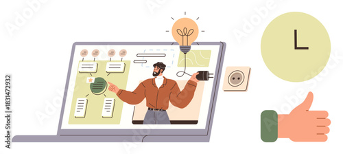 Business professional giving online presentation with lightbulb idea, timeline, and positive approval gestures. Ideal for creativity, remote work, education, time management, innovation, feedback