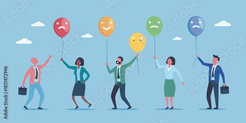 Diverse business people holding balloons with different facial expressions