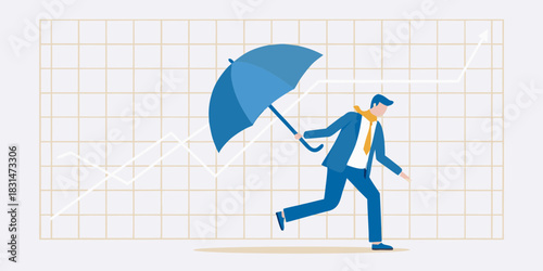 Businessman with umbrella navigating upward financial trend