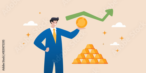 Businessman with gold coin and growing arrow symbolizing financial success