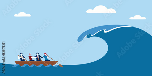 Team rowing a boat towards a giant wave