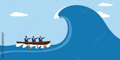Businessmen in a boat facing a giant wave