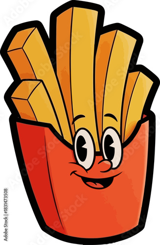 Cute French Fries Character with Happy Face in Red Container.