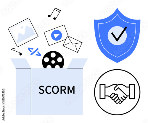 SCORM concept. SCORM technology for e-learning and multimedia integration. SCORM ensuring educational security and collaboration efficiency. For education, training, compliance, teamwork, and content