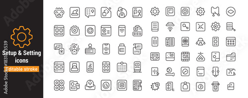 Setup and setting line icons collection, configuration, tools, preferences, system settings symbols