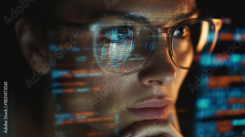 Software coding hologram and woman on tablet.