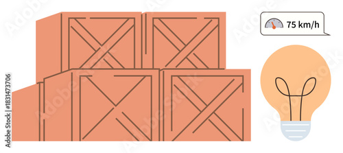 Wooden crates stacked in order, speedometer gauge showing 75 kmh, and lightbulb representing ideas. Ideal for logistics, innovation, storage, transportation, creative thinking, efficiency and speed