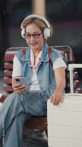 A senior woman carries a suitcase for travel at a train station