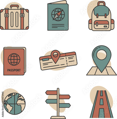 Travel essentials suitcase, passport, backpack, ticket, map, globe, signpost, and road