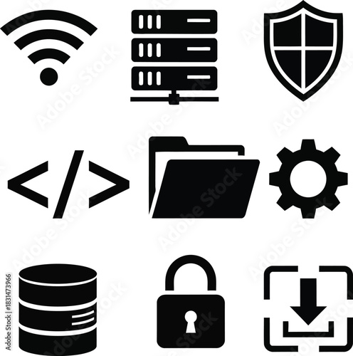 A collection of black glyph icons representing various technology and software concepts