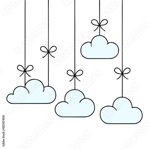 Whimsical Blue Cloud Mobile with Bow Strings on White Background – Minimal Weather Decor Vector