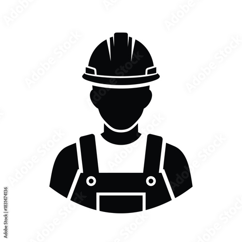 Black icon of a construction worker silhouette wearing a hard hat and overalls, isolated on a white background, representing labor and industry.