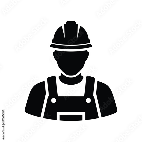 Silhouette icon of a construction worker wearing a hard hat and overalls, representing labor and industry professions.
