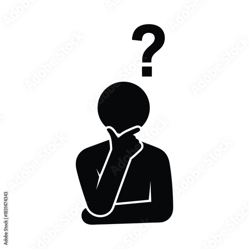 Silhouette of a person thinking with a question mark above head, representing confusion, doubt, problem solving, and uncertainty, isolated on white background.