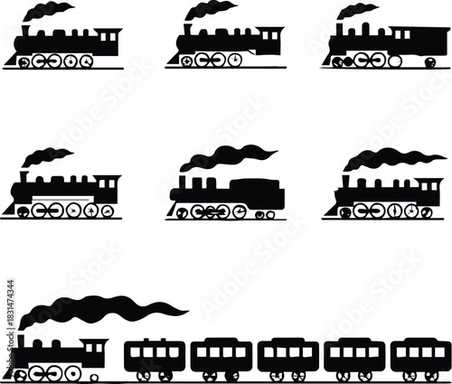 locomotive icons nine black steam engine silhouettes grid layout
