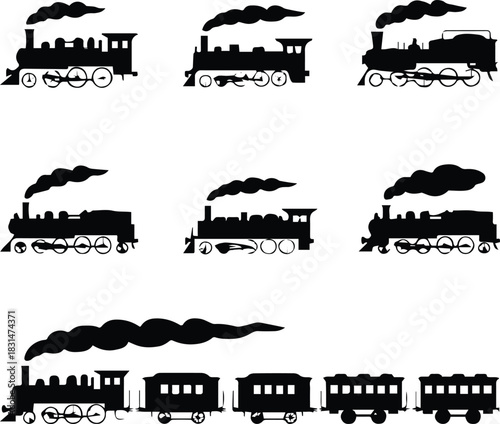 locomotive silhouette set nine vintage steam engine icons vector