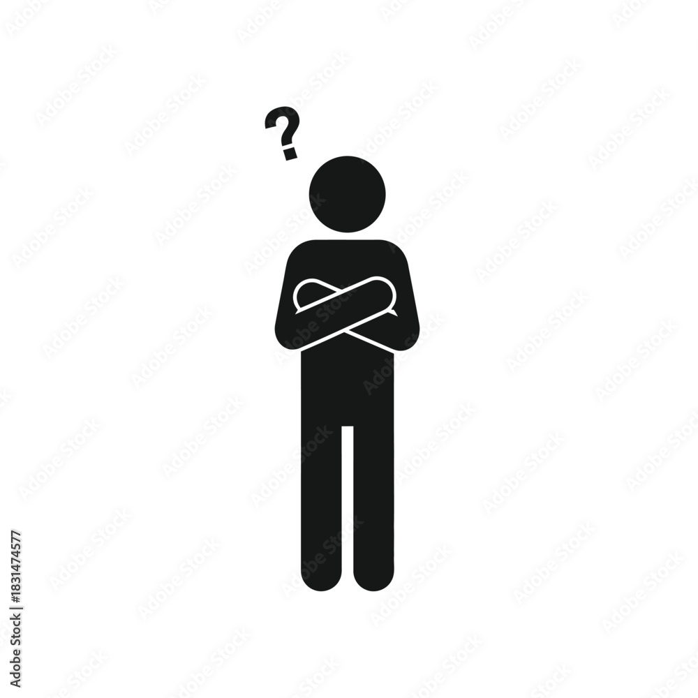 Obraz premium A black stick figure stands with arms crossed and a question mark above its head, symbolizing confusion, doubt, or a query.