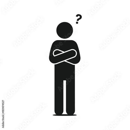 A black pictogram of a person with arms crossed, looking confused with a question mark above their head, isolated on white.
