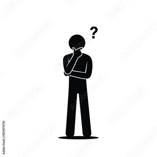 Silhouette of a person standing with hand on chin and a question mark above head, contemplating a problem or seeking an answer.