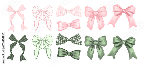 light Pink and sage Green Bow Vector Set. Soft Pastel Ribbon Clipart Collection