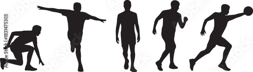 athlete action silhouettes set depicting running jump and throw poses