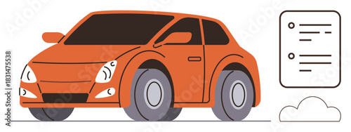 Orange car in focus with a checklist representing tasks and cloud for storage or connectivity. Ideal for transportation, logistics, productivity, planning, technology, cloud solutions, automotive