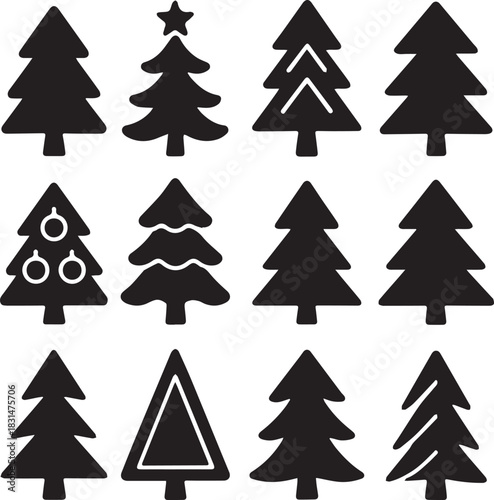 Retro vintage Christmas tree silhouettes with bold clean simplified vector shapes