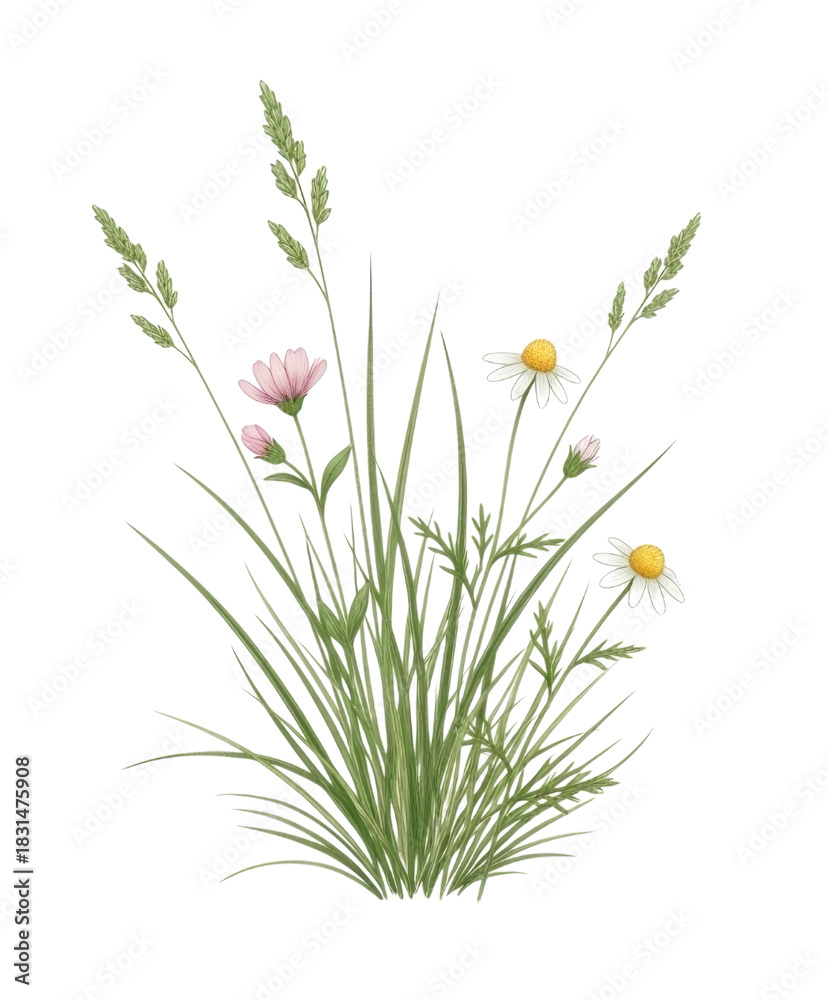 Fototapeta premium Wild grasses and daisies transparent background cutout png