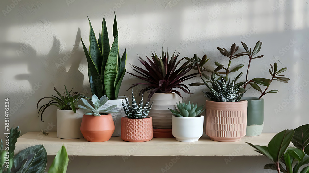 Fototapeta premium Collection of various potted houseplants on a shelf with natural light