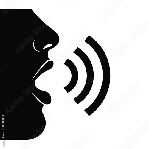 Isolated black silhouette of a human mouth speaking with sound waves emanating outwards, symbolizing communication and audio transmission