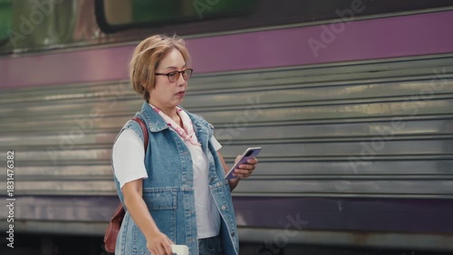 A senior woman carries a suitcase for travel at a train station