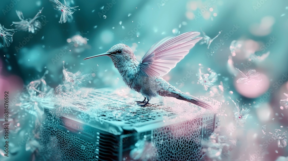 Fototapeta premium A hummingbird is perched on a grate, surrounded by artistic elements and a dreamy, ethereal atmosphere.