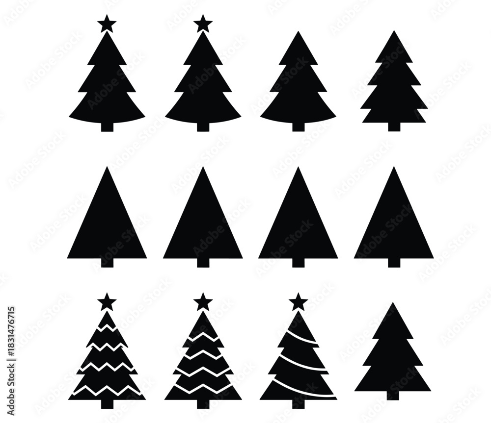 Obraz premium Flat vector illustration, black Christmas tree icons set, festive holiday silhouettes, seasonal decoration elements, isolated on white background