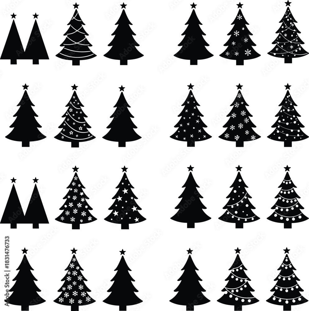 Obraz premium Flat vector illustration, Christmas tree icons set, festive holiday decorations, seasonal symbols, black line style, isolated on white background