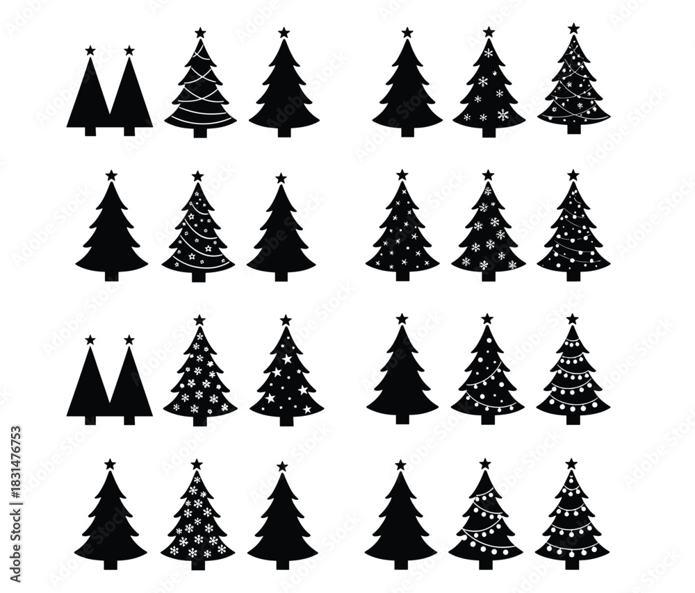 Obraz premium Flat vector illustration, Christmas tree icons set, festive holiday decorations, seasonal symbols, black line style, isolated on white background