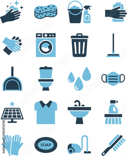 Flat vector illustration, cleaning and hygiene icons set, sanitation tools, health protection symbols, household equipment, isolated on white background