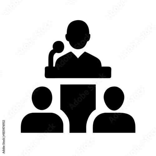 Person speaking at a podium with microphone and two people in attendance in black silhouette style