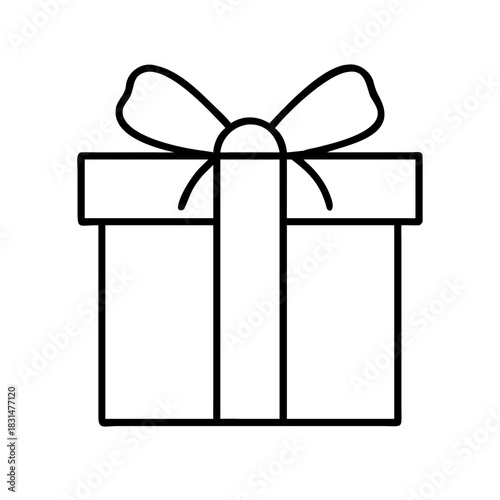 Illustration of a simple gift box with a ribbon on top in black outline on a white background