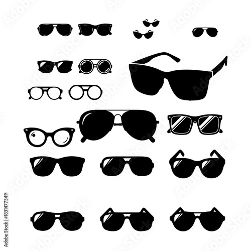 Sunglasses icons. Black sunglass, mens glasses silhouette and retro eyewear icon. Polarized geek glasses,