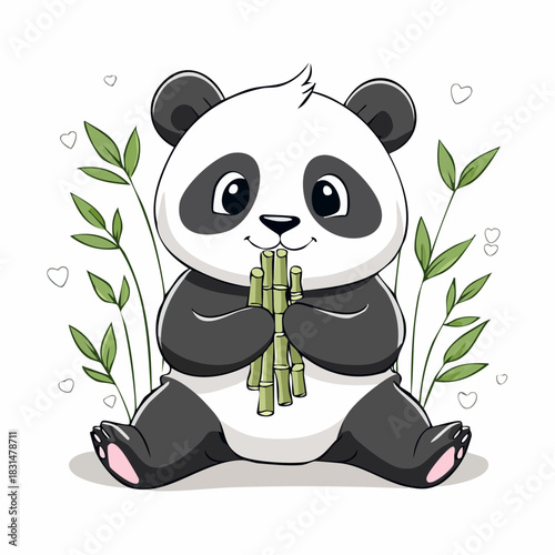 Charming Panda Cub Enjoying Bamboo Shoots in a Whimsical Illustration.