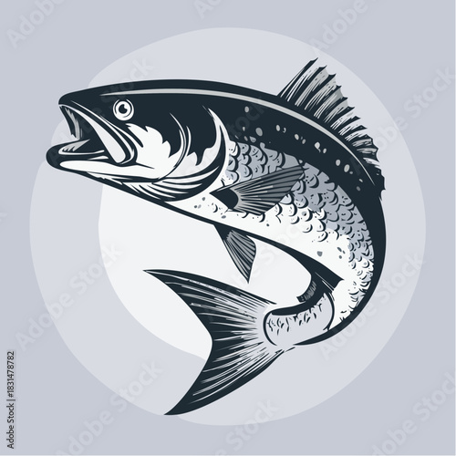 Detailed Illustration of a Leaping Fish with Open Mouth.