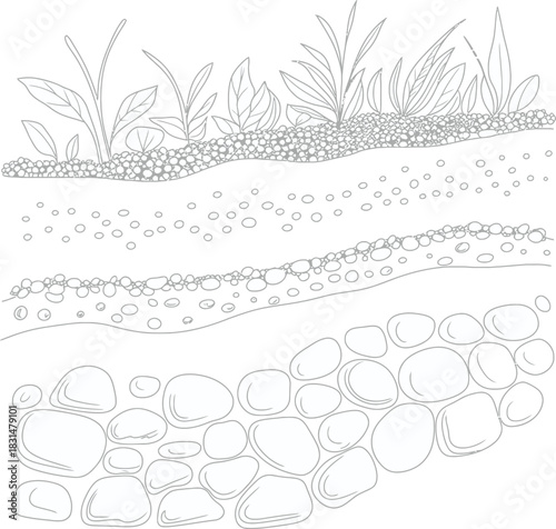 Cross section of soil layers with plants, gravel, and stones