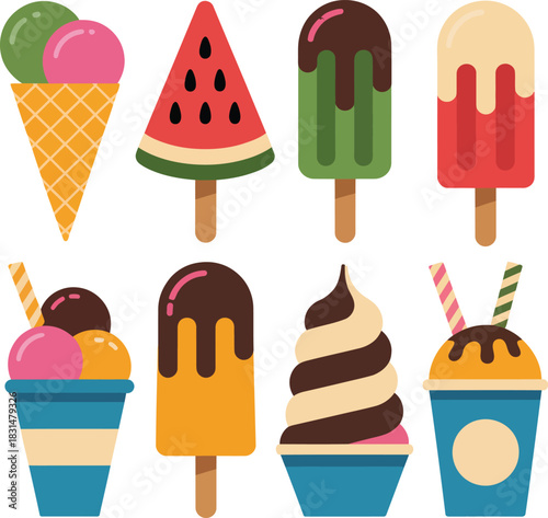 Variety of cartoon frozen desserts and ice cream sweet treats