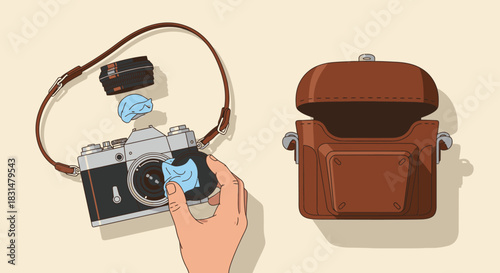 A person meticulously cleans a classic film camera with a soft cloth, preparing it for its next photographic adventure, alongside its vintage leather case.