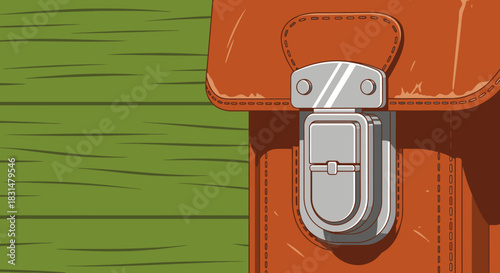 A detailed illustration captures the secure metallic clasp on a classic brown leather satchel, showcasing its vintage charm against a vibrant green backdrop.